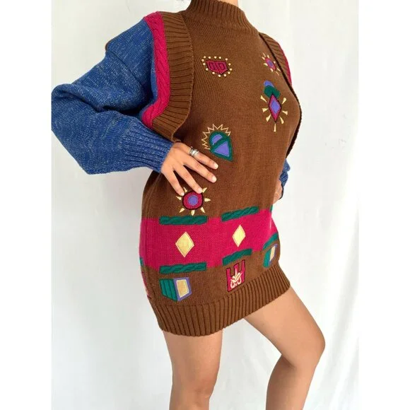 80s vintage colorful funky crazy abstract print novelty knit long sweater tunic - Picture 6 of 9